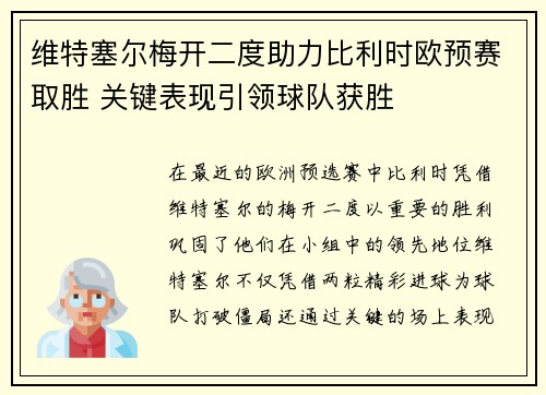 维特塞尔梅开二度助力比利时欧预赛取胜 关键表现引领球队获胜