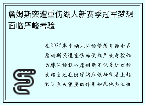 詹姆斯突遭重伤湖人新赛季冠军梦想面临严峻考验